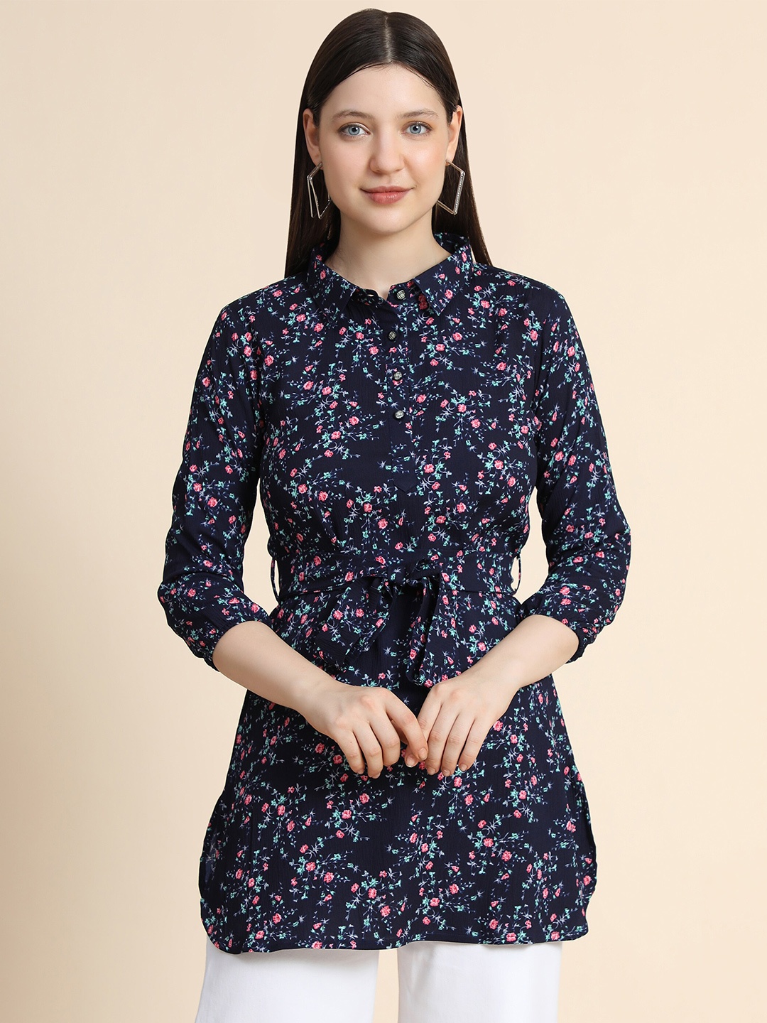 

KERI PERRY Floral Printed Mandarin Collar Shirt Style Longline Top, Blue