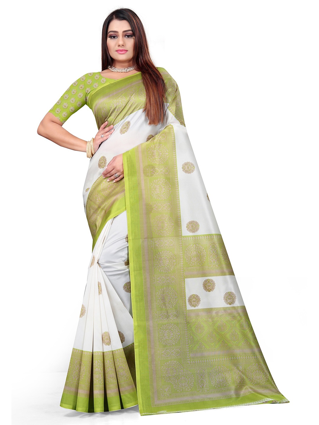 

KALINI Ethnic Motifs Art Silk Half and Half Mysore Silk Saree, White