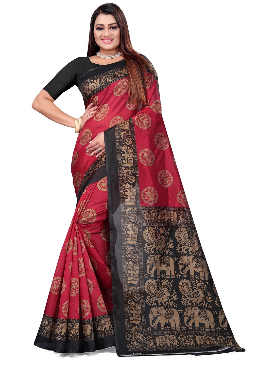 

KALINI Paisley Printed Art Silk Half and Half Mysore Silk Saree, Red