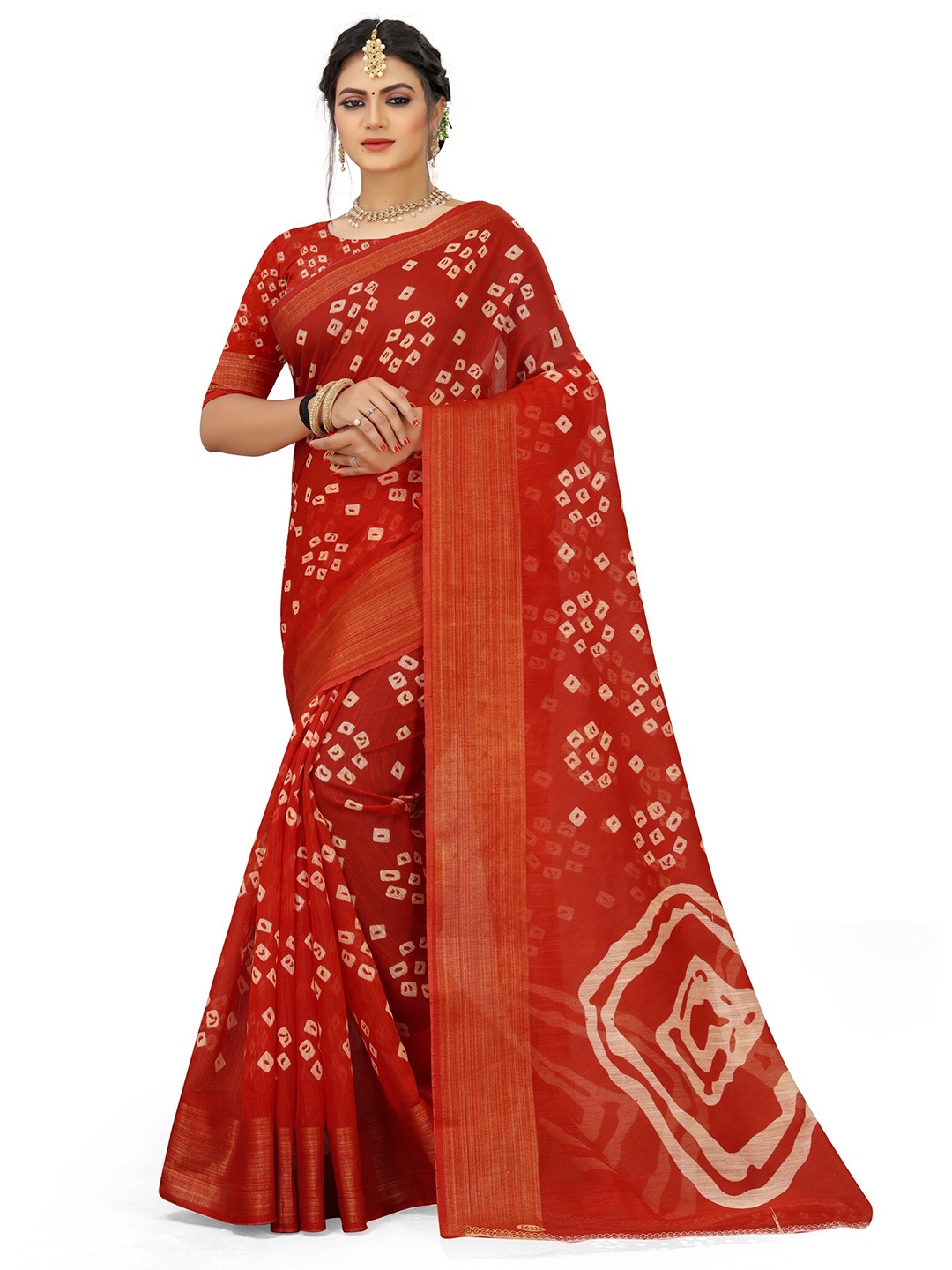 

KALINI Red & White Bandhani Zari Art Silk Half and Half Mysore Silk Saree
