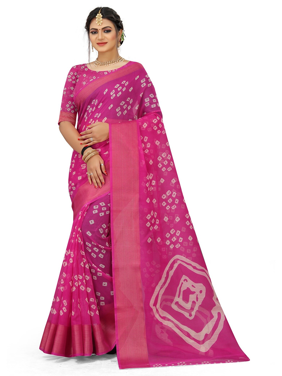 

KALINI Bandhani Zari Art Silk Half and Half Mysore Silk Saree, Pink