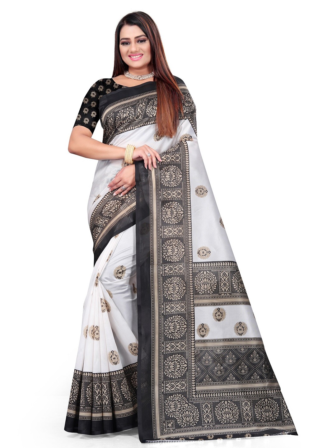

KALINI Ethnic Motifs Art Silk Printed Half and Half Mysore Silk Saree, White