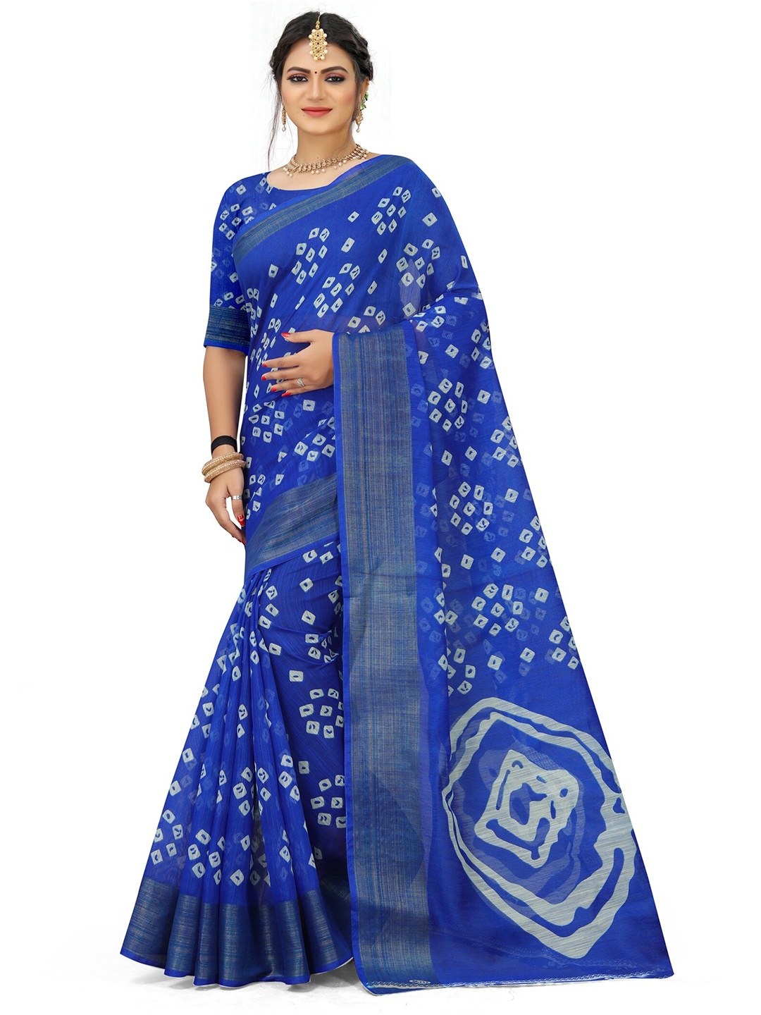 

KALINI Blue & White Bandhani Zari Art Printed Silk Half and Half Mysore Silk Saree