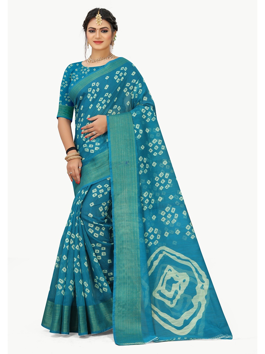 

KALINI Turquoise Blue & White Bandhani Zari Art Silk Mysore Silk Saree