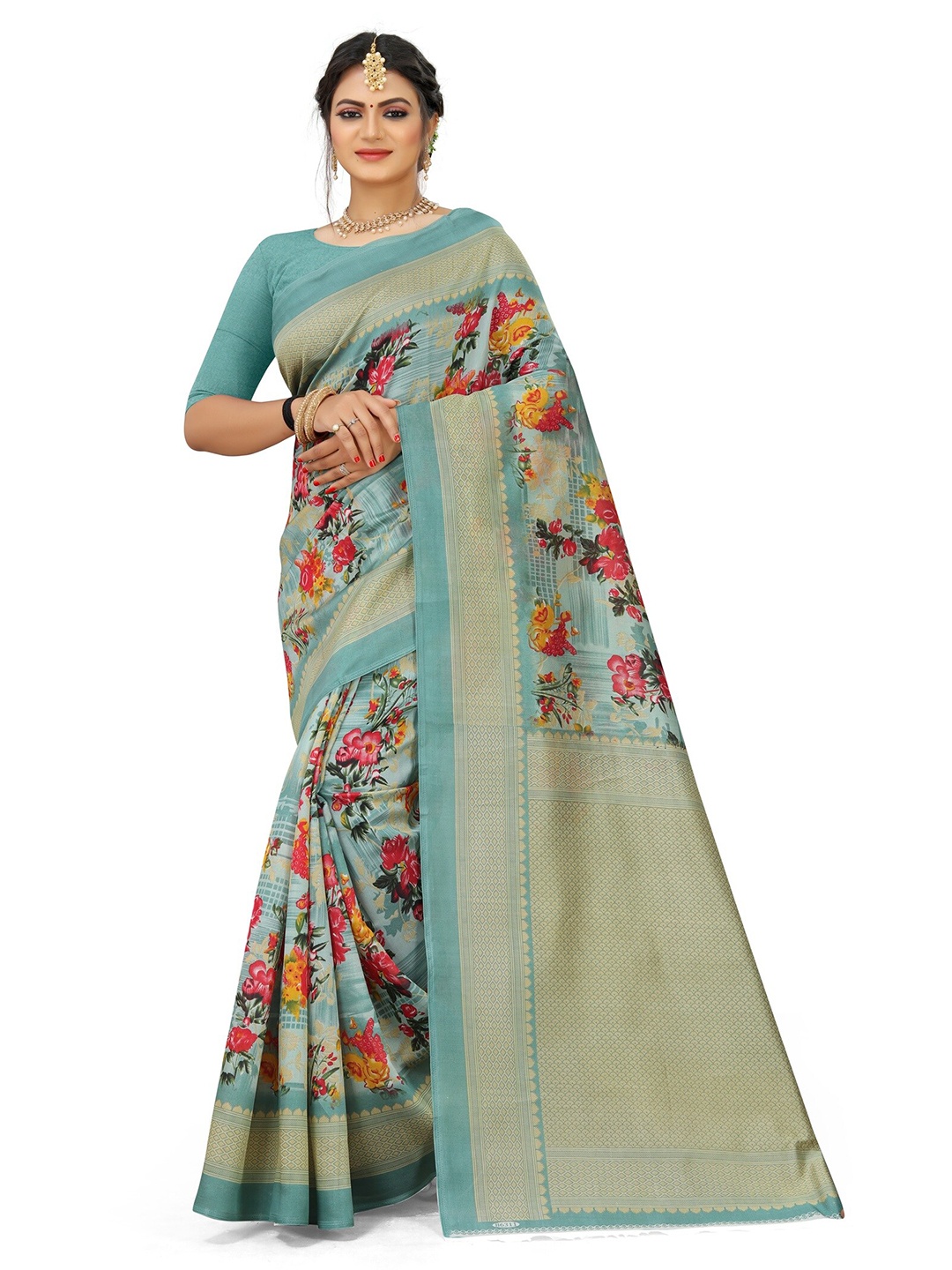 

KALINI Floral Art Silk Half and Half Mysore Silk Saree, Green