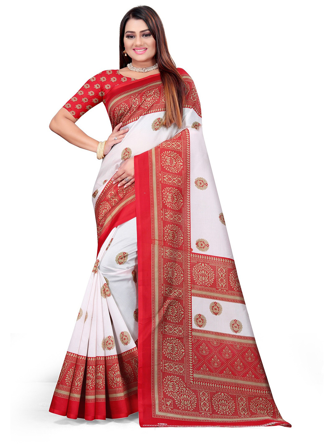 

KALINI Ethnic Motifs Printed Art Silk Half and Half Mysore Silk Saree, White