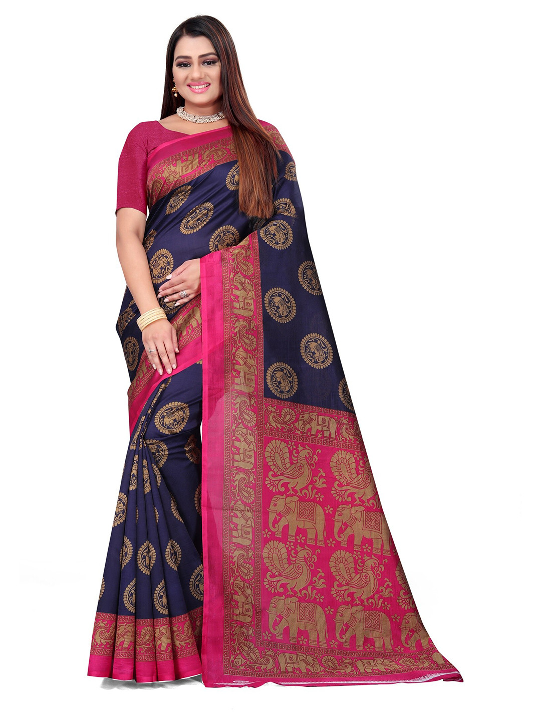 

KALINI Ethnic Motifs Printed Art Silk Half and Half Mysore Silk Saree, Blue