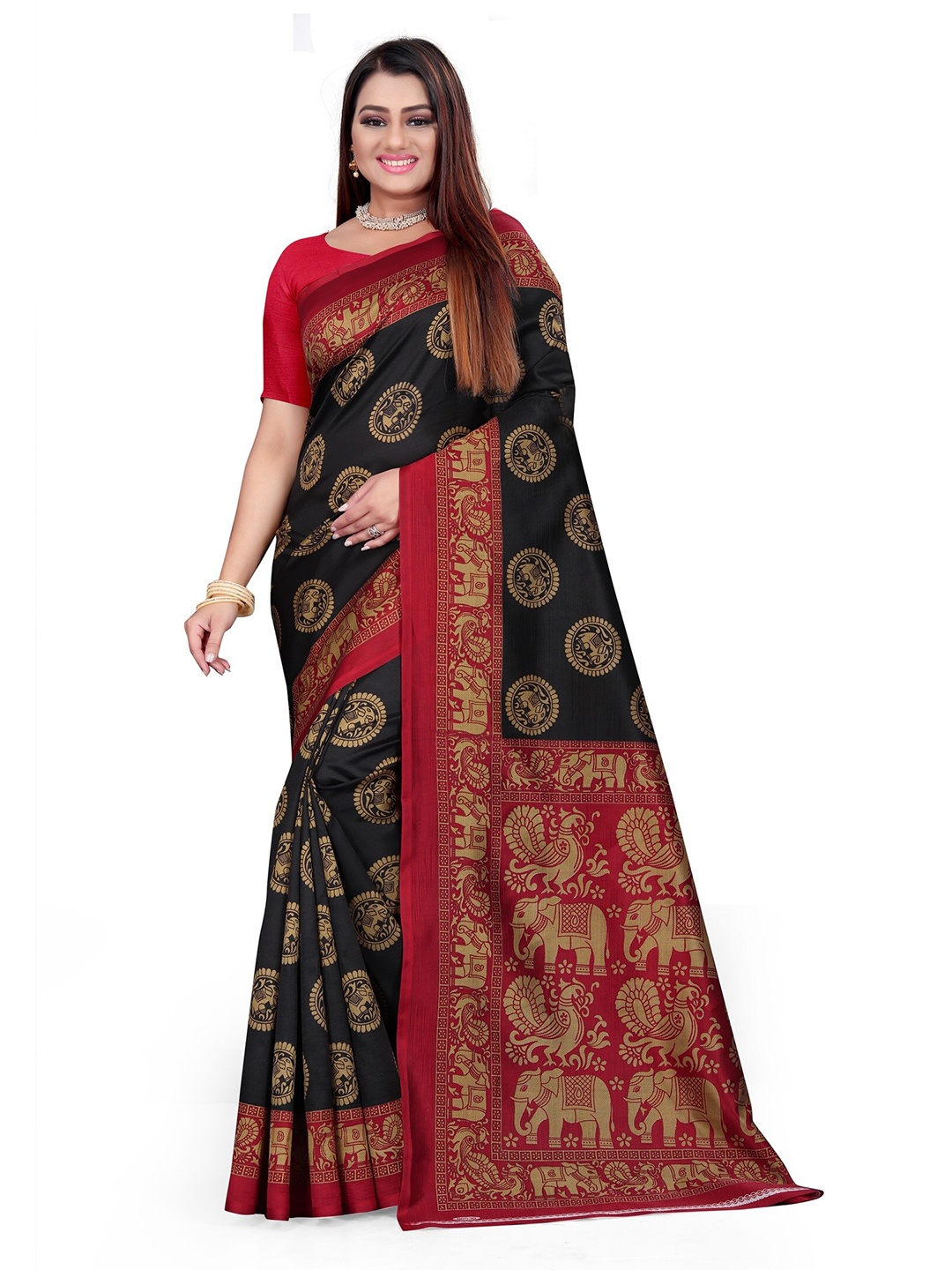

KALINI Ethnic Motifs Printed Art Silk Half and Half Mysore Silk Saree, Black