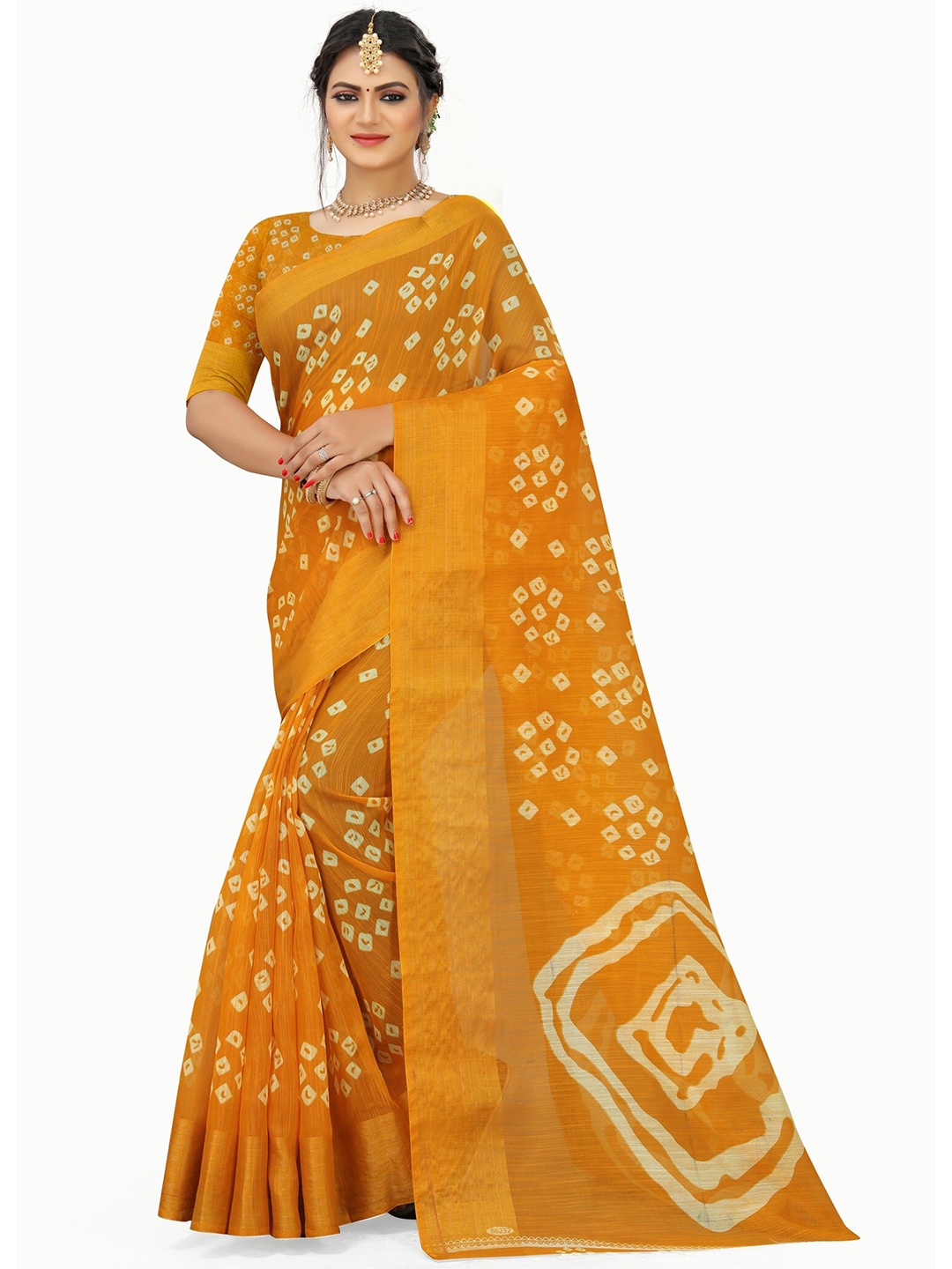 

KALINI Bandhani Zari Art Silk Half and Half Mysore Silk Saree, Yellow