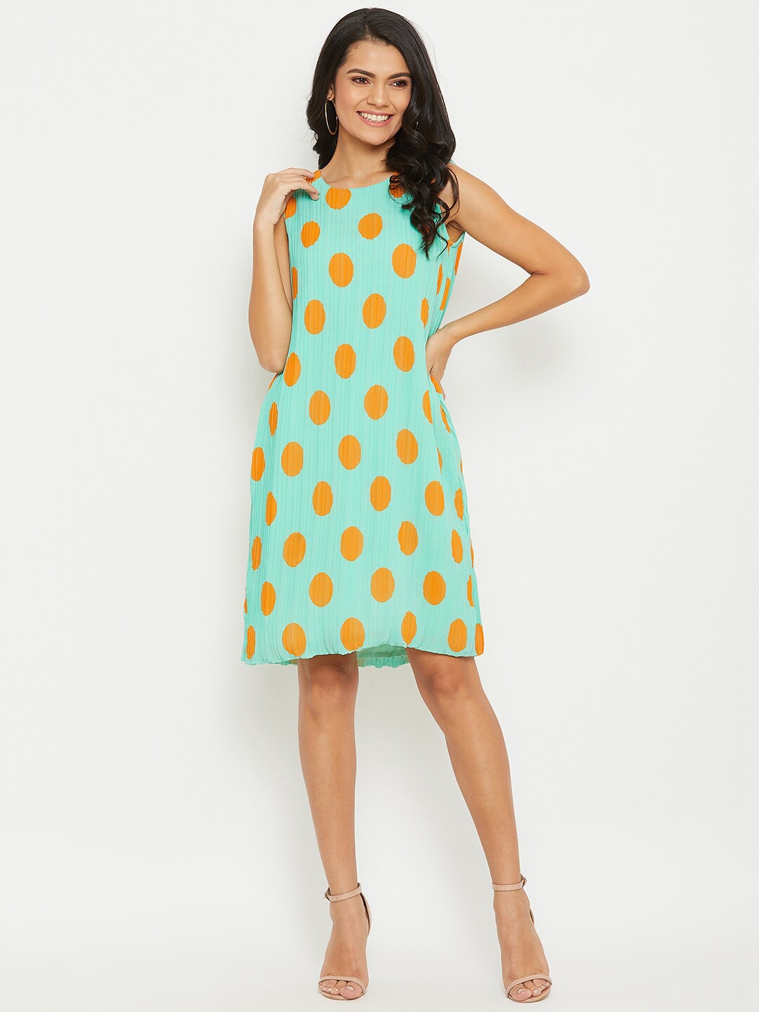 

PANIT Women Green & Orange Polka Dots Georgette A-Line Dress