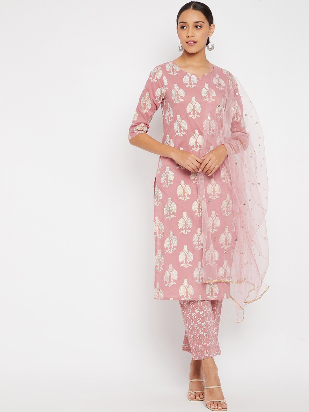 

PANIT Women Pink Floral Printed Kurta with Trousers & With Dupatta