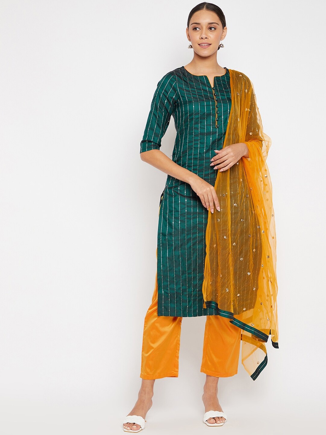 

PANIT Women Green Striped Sequinned Kurta with Trousers & With Dupatta