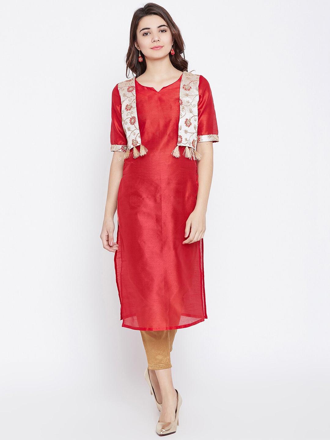 

PANIT Women Red Thread Work Raw Silk Kurta