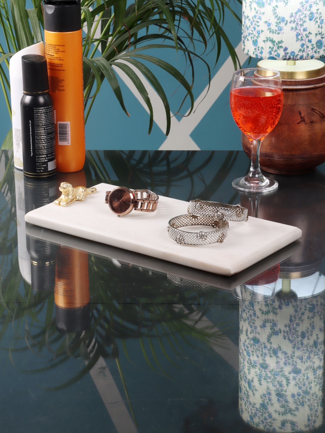 

NikkisPride White Marble Platter Rectangular With Gold Finish Metal Piece Attachment