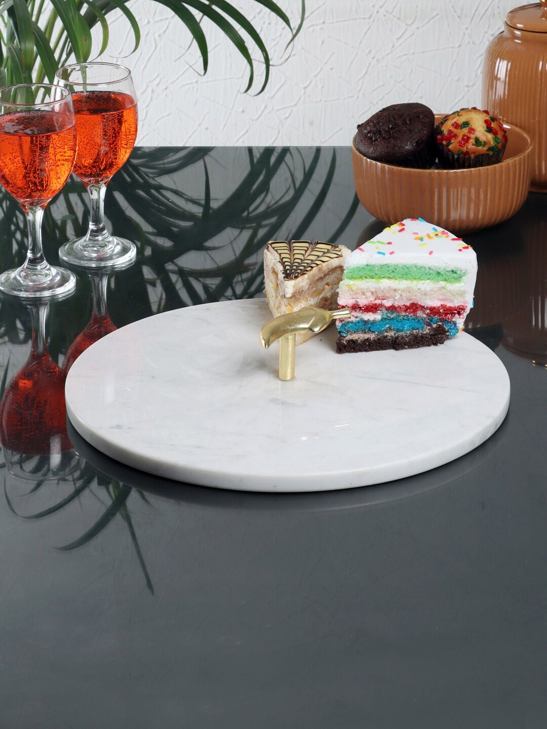 

NikkisPride White Marble Round Food Platter With Gold Finish Metal Piece Attachment