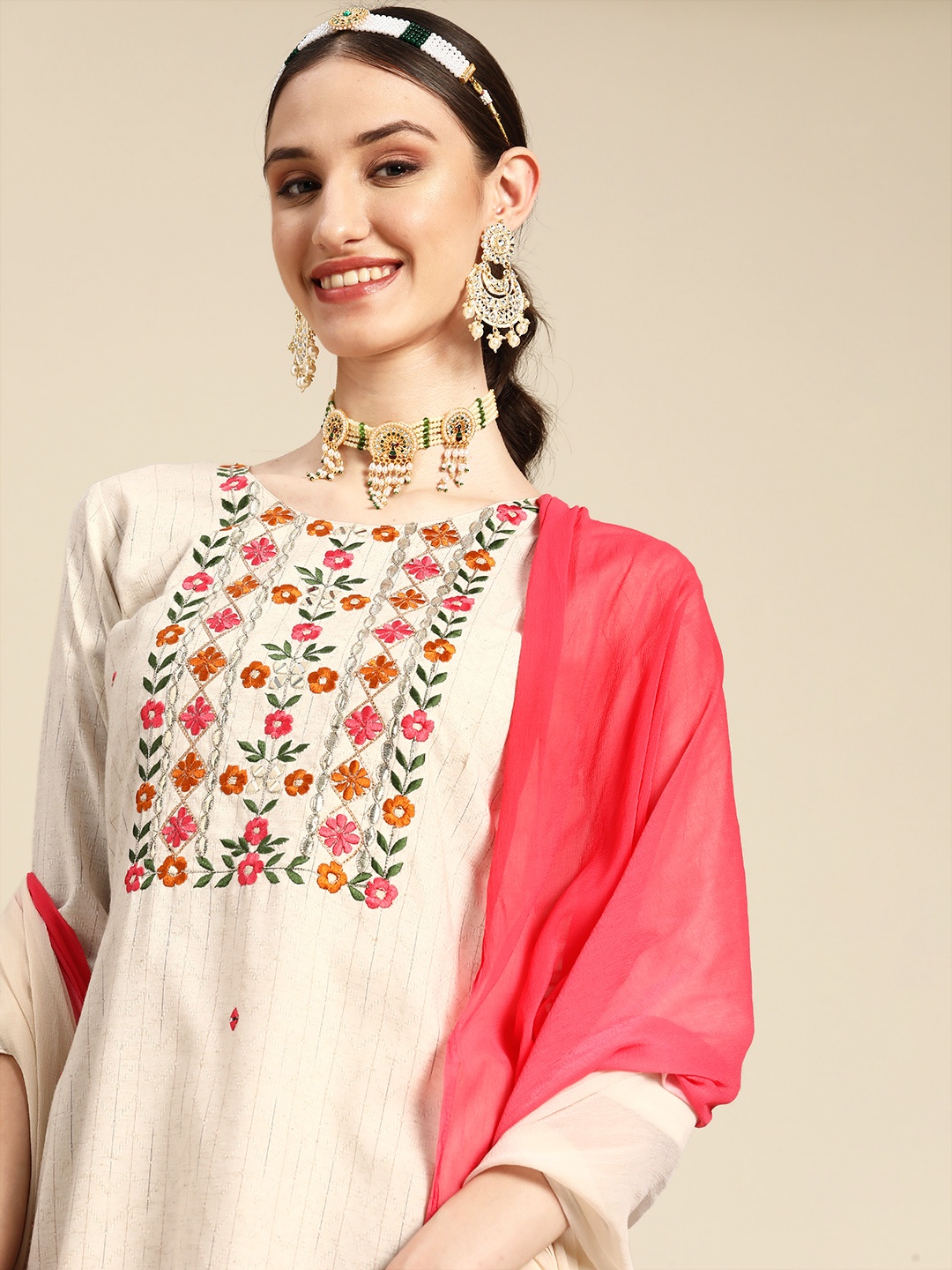 

Sangria Women Beige Floral Yoke Design Kurta with Palazzos & With Dupatta