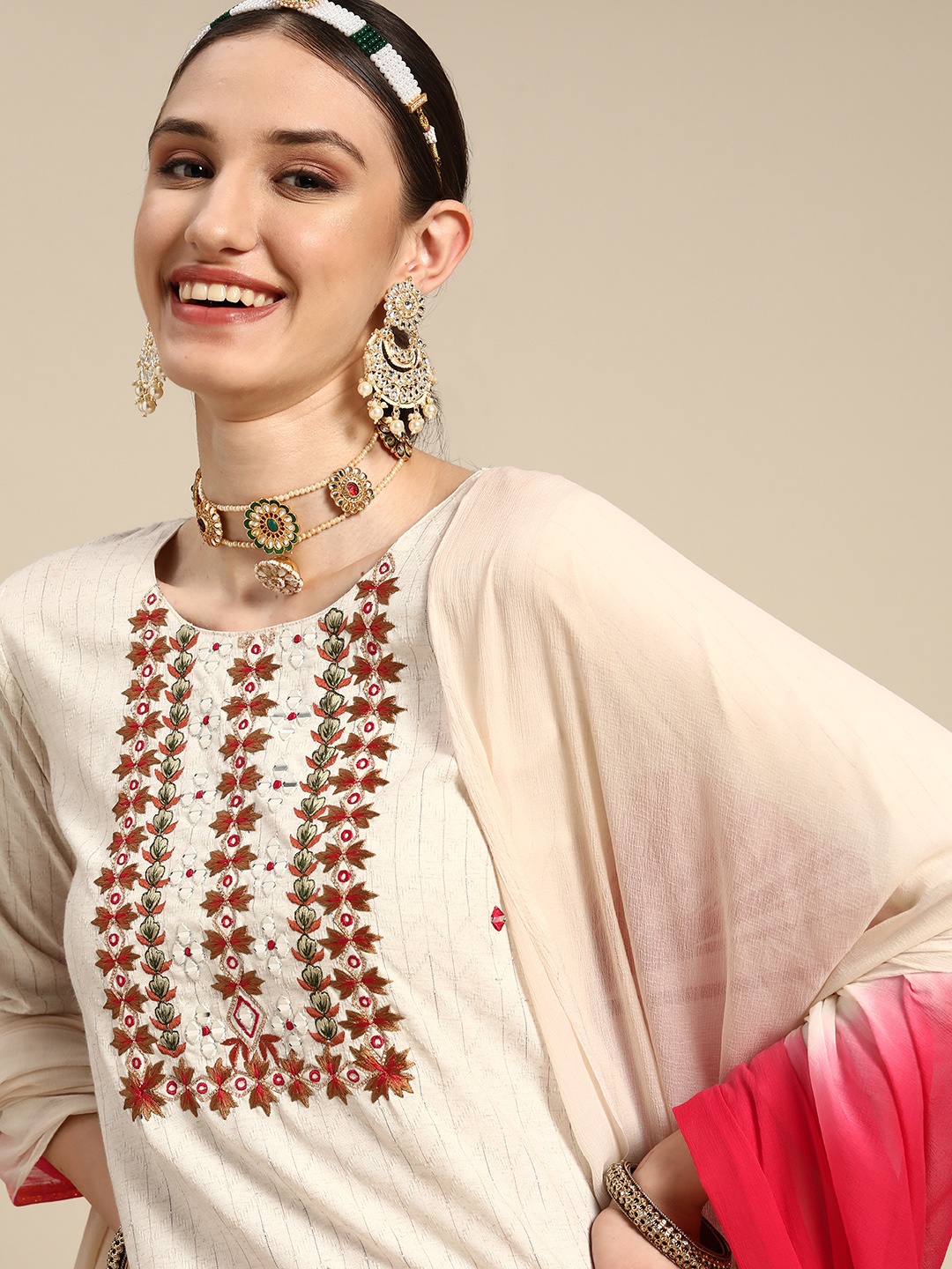 

Sangria Women Beige Floral Yoke Design Kurta with Palazzos & With Dupatta