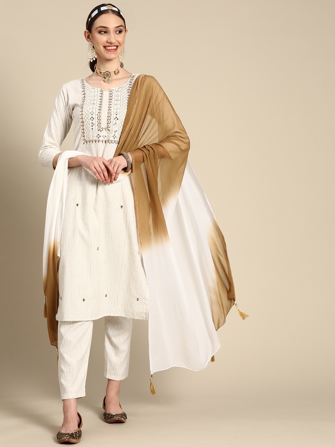 

Sangria Women White Yoke Design Kurta with Palazzos & With Dupatta