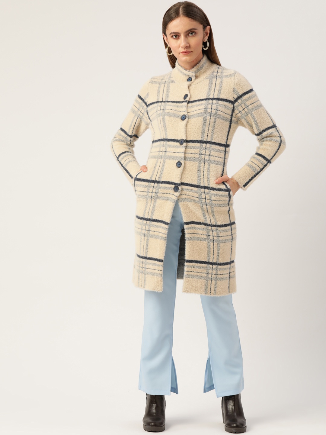 

APSLEY Women Beige & Black Striped Checked Cardigan