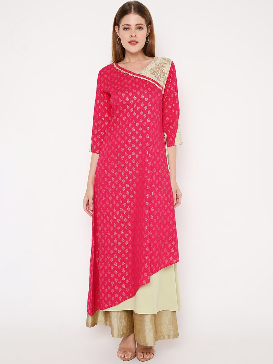 

Peppertree Women Pink & Beige Embroidered A-Line Maxi Dress