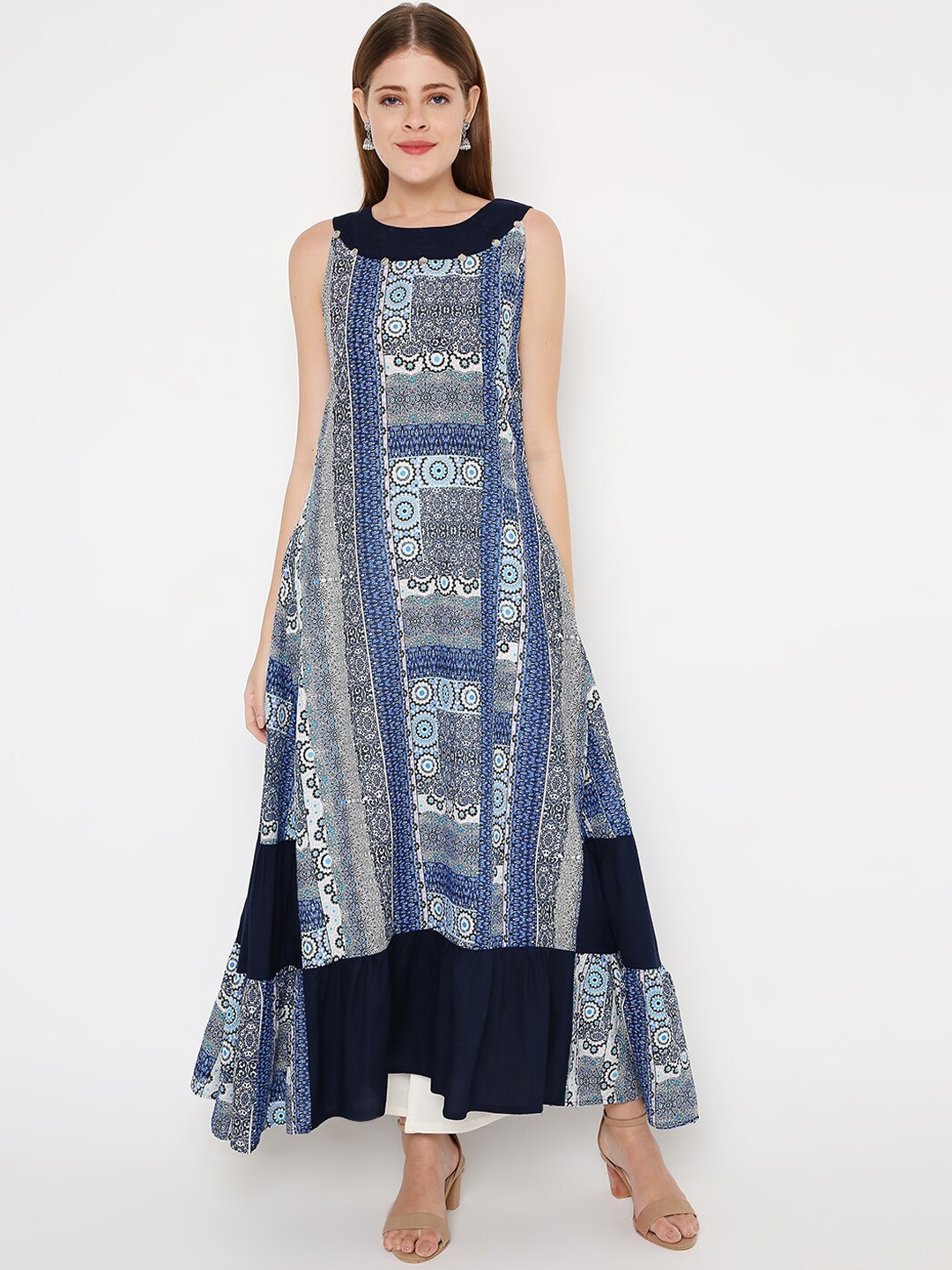 

Peppertree Women Blue Printed Frilled A-Line Maxi Dress