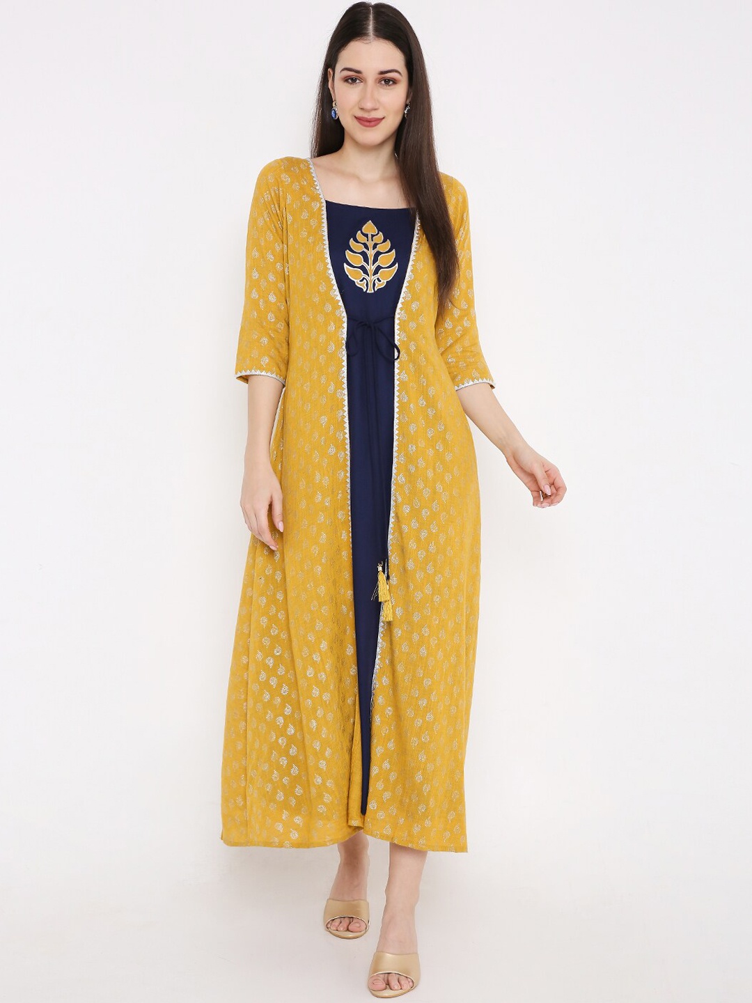 

Peppertree Women Yellow & Navy-Blue Block-Printed A-Line Maxi Dress