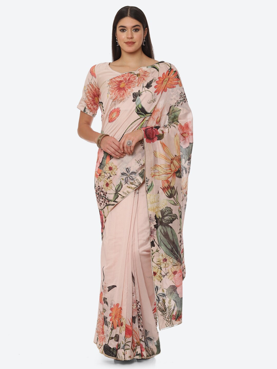 

Biba by Rohit Bal Peach-Coloured & Green Floral Silk Blend Chanderi Saree