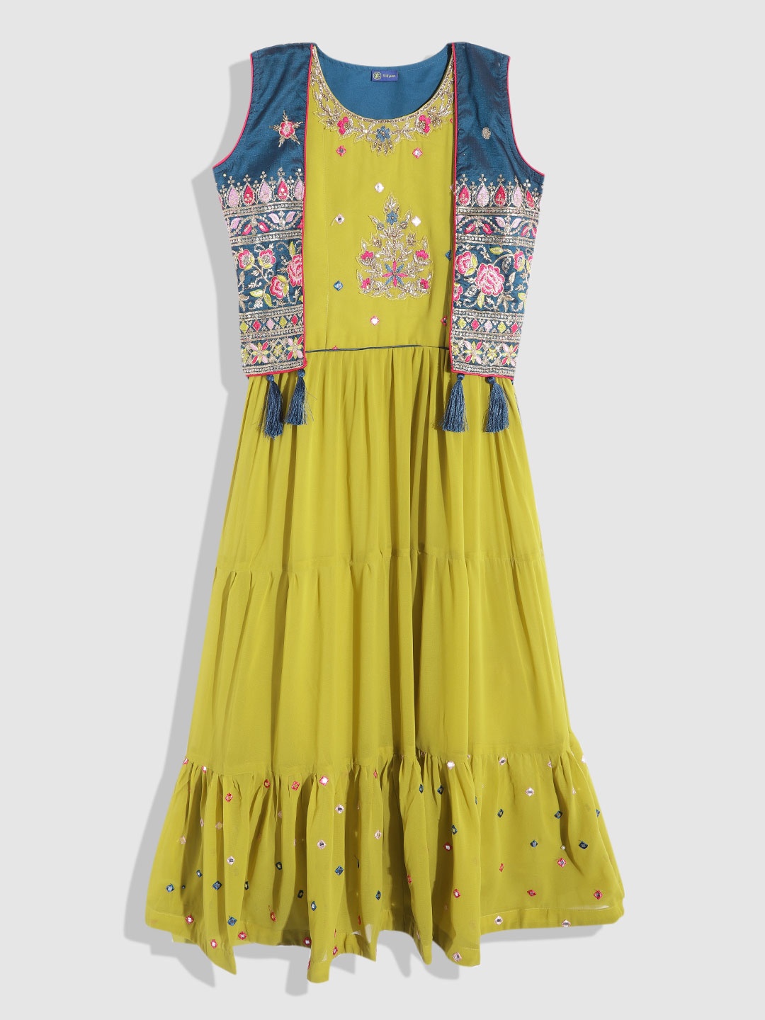 

YK Green & Teal Ethnic Motifs Embroidered Georgette Ethnic A-Line Maxi Dress