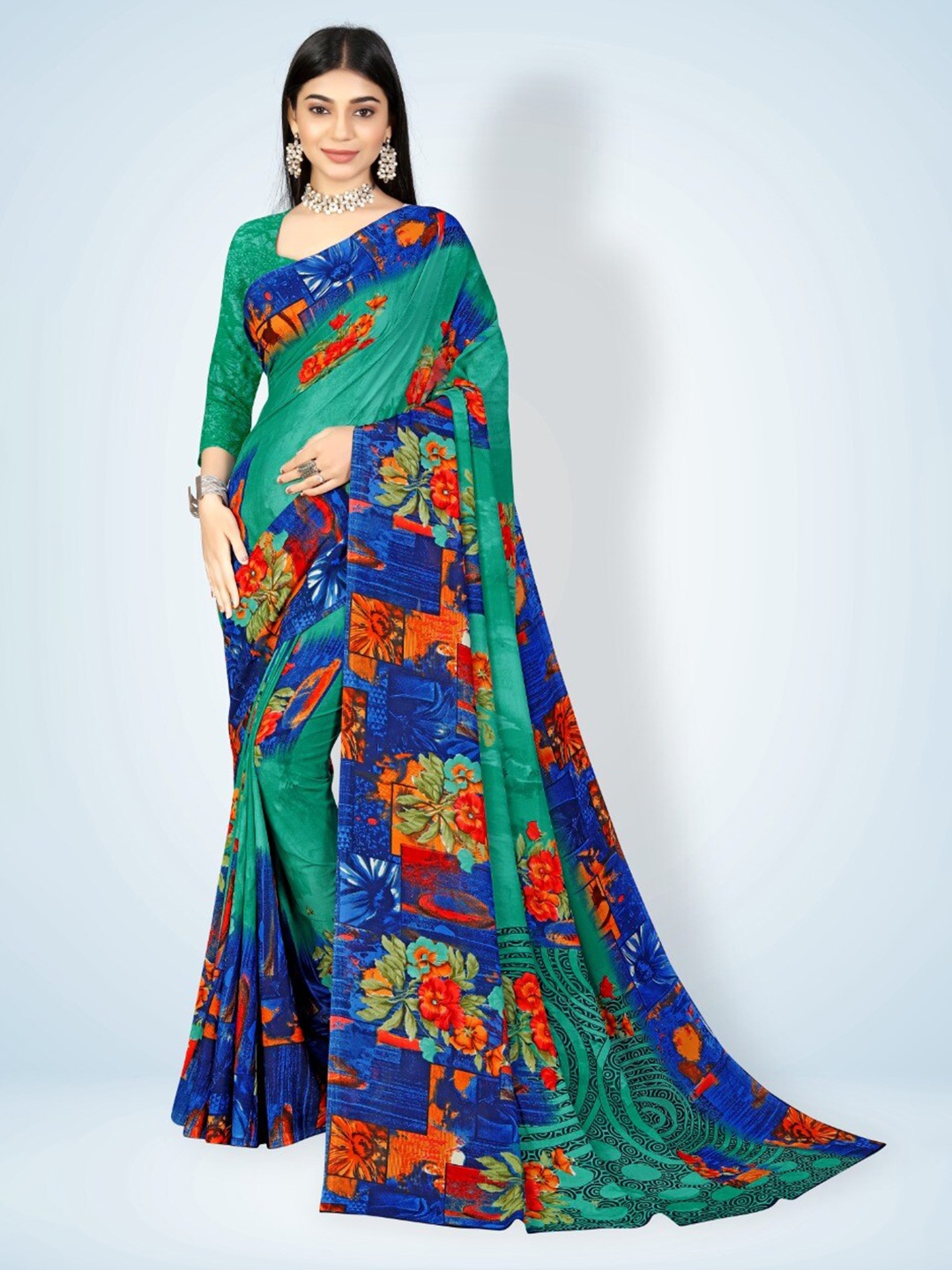 

Abhilasha Blue & Green Floral Pure Georgette Saree