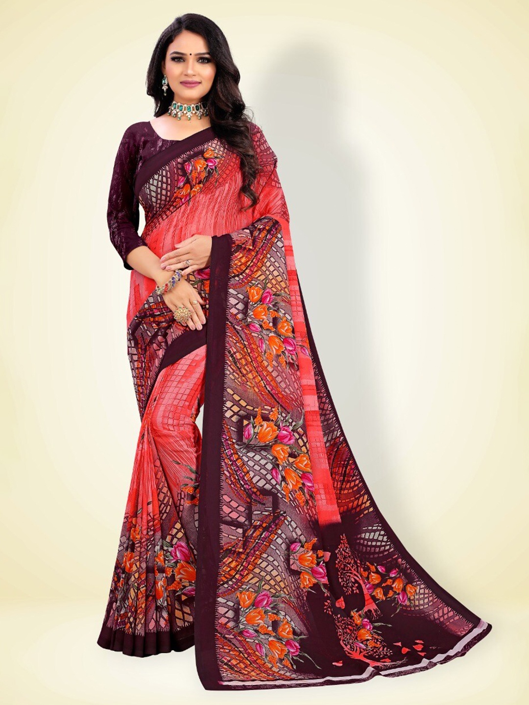 

Abhilasha Purple & Pink Floral Pure Georgette Saree