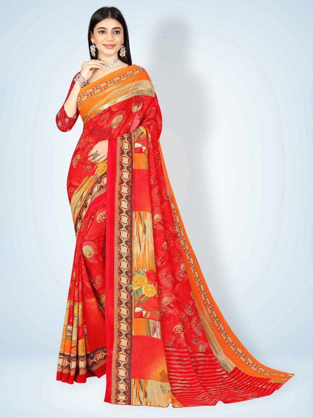 

Abhilasha Red & Beige Floral Printed Pure Georgette Saree