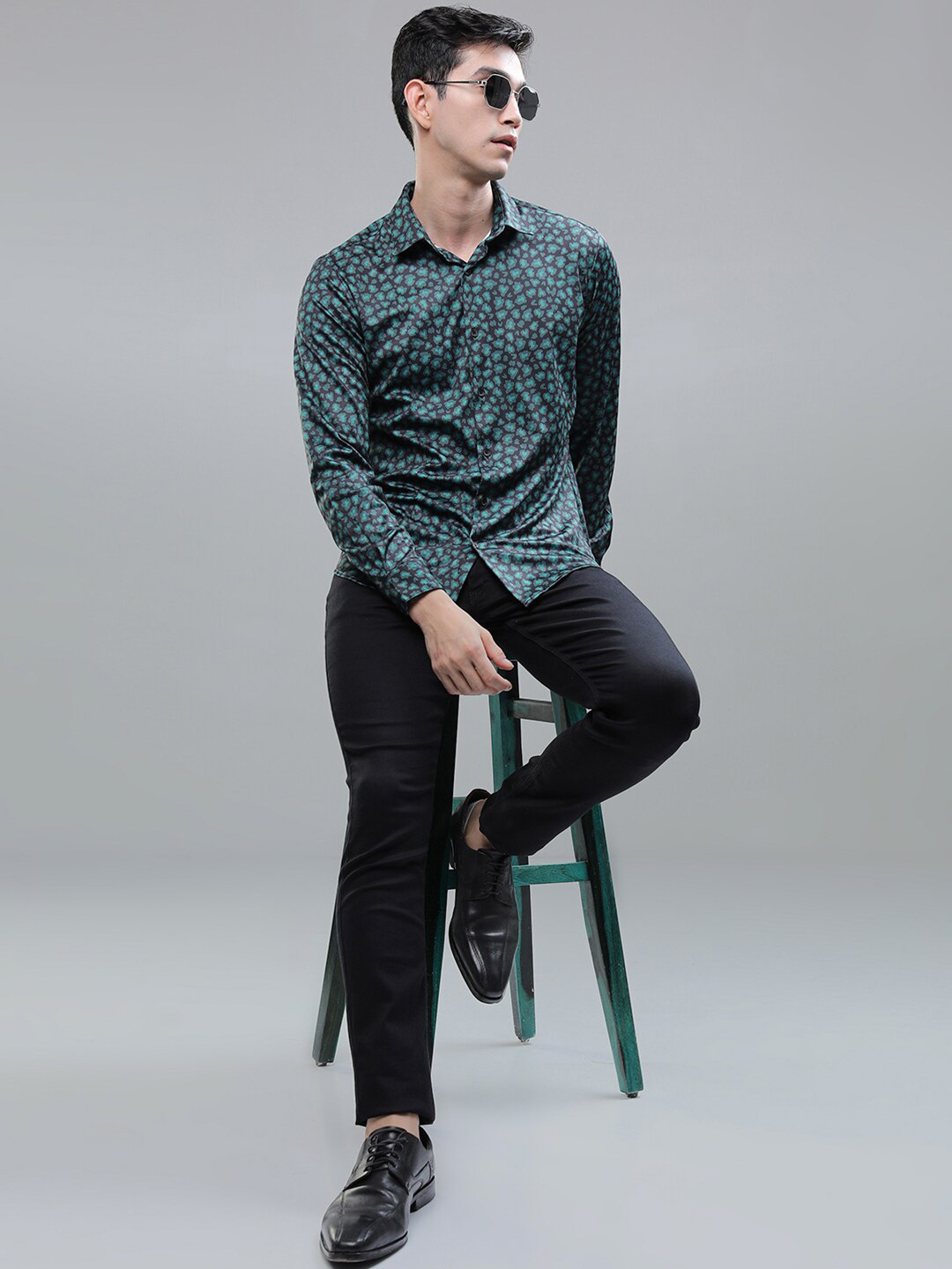 

KETCH Men Printed Knitted Party Wear Casual Shirt, Teal