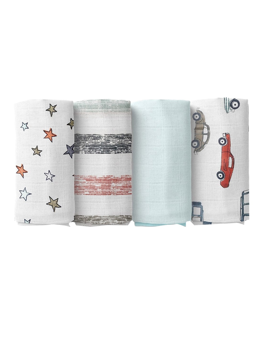 

Moms Home Kids Pack Of 4 White & Blue Organic Cotton Soft Baby Muslin Swaddle