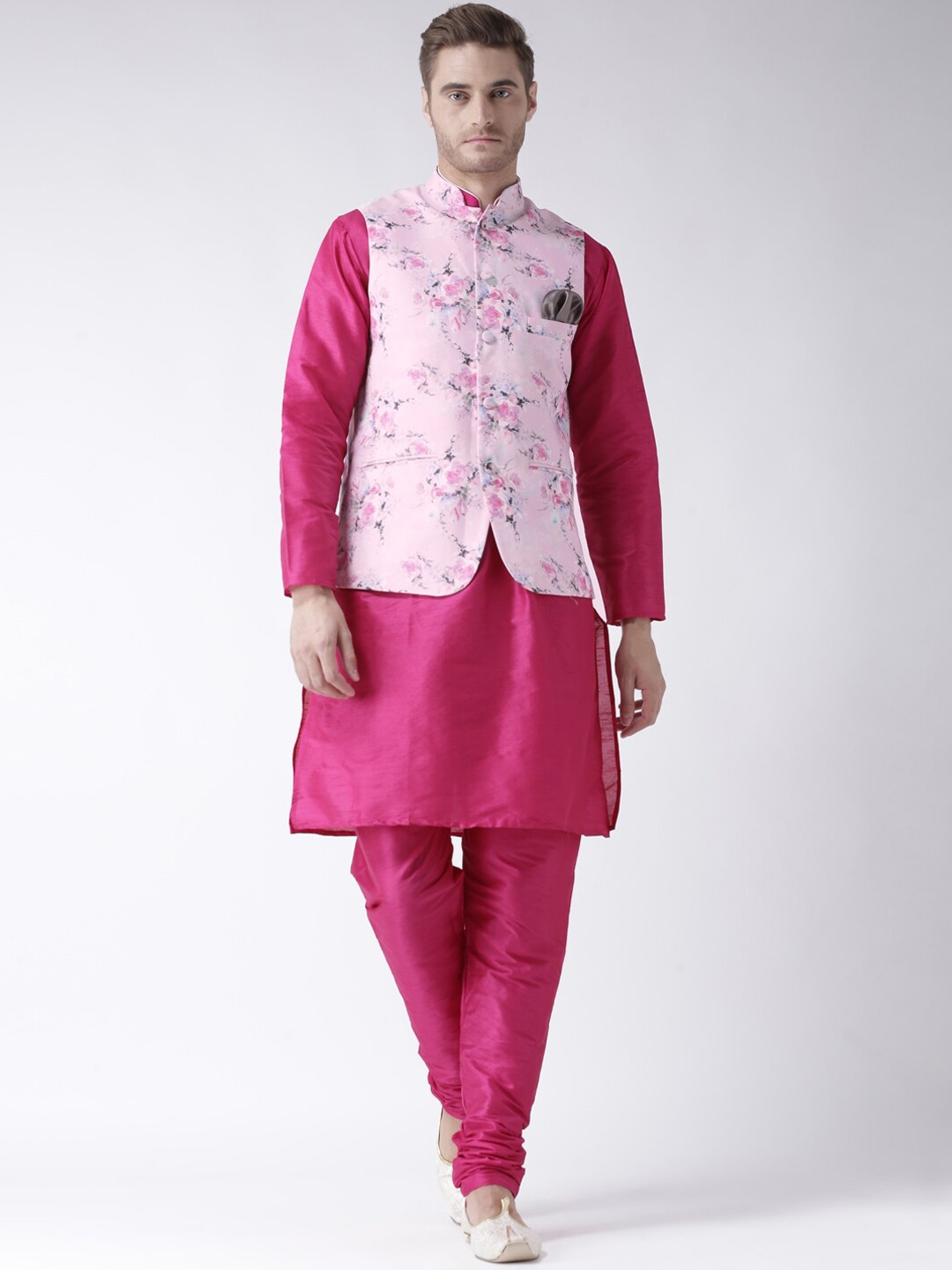 

Hangup Men Pink Kurta with Pyjamas With Nehru Jacket