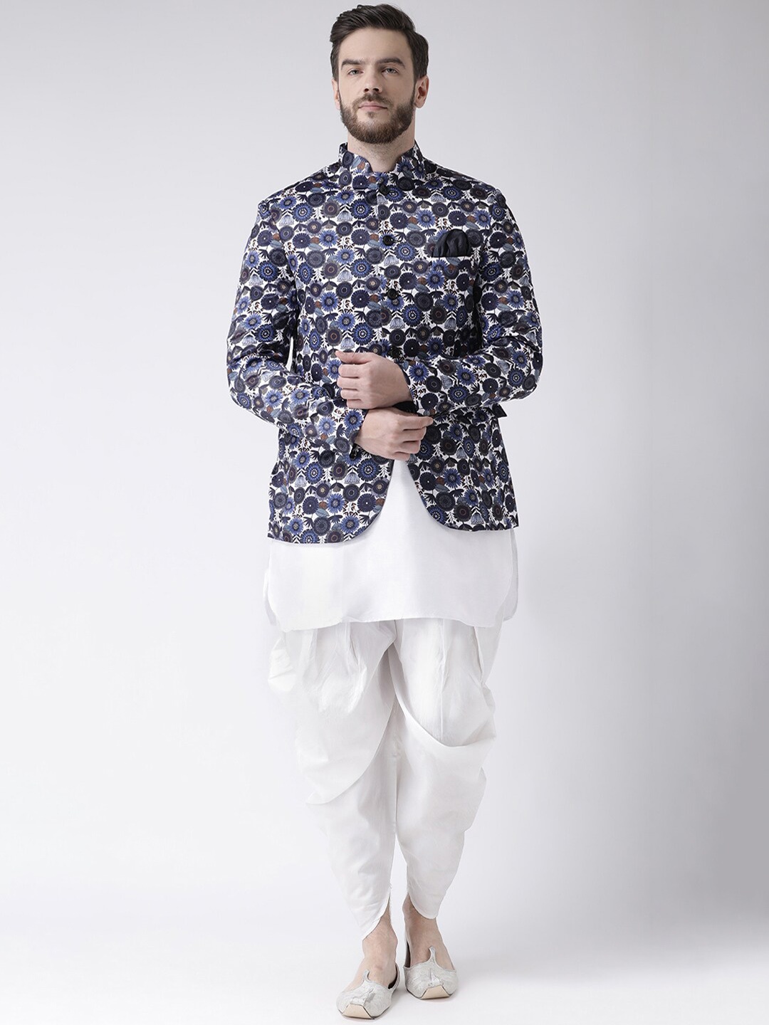 

Hangup Men Kurta & Harem Pant With Floral Print jacket, Navy blue