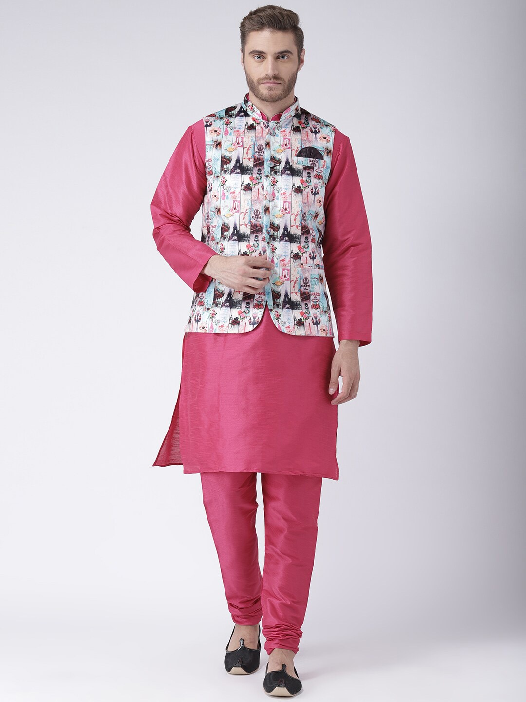 

Hangup Men Solid Long Sleeves Cotton Blend Kurta with Pyjama & Jacket, Pink
