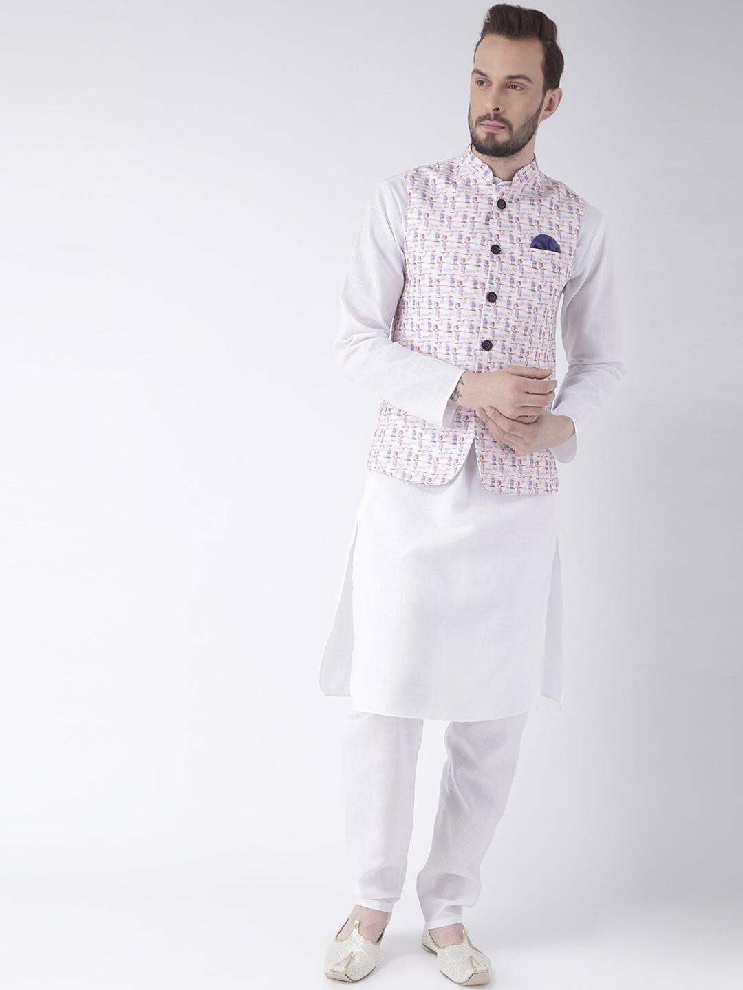 

Hangup Men Pure Cotton Kurta with Pyjamas & With Nehru jacket, White