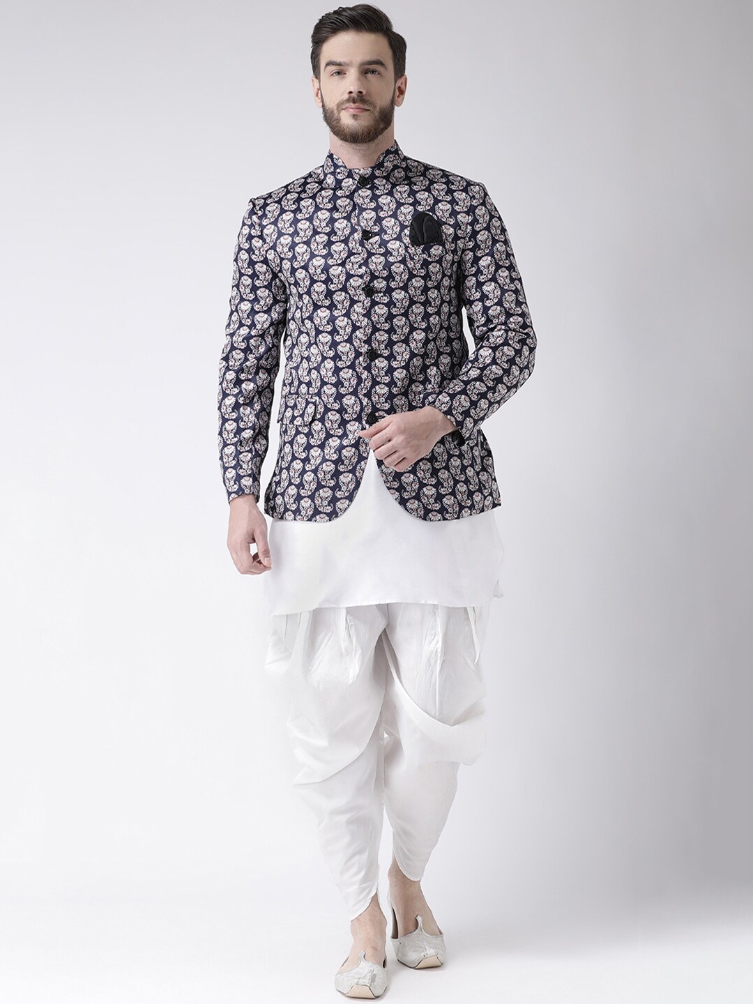 

Hangup Men Paisley Printed Kurta with Harem Pants With Jacket, White