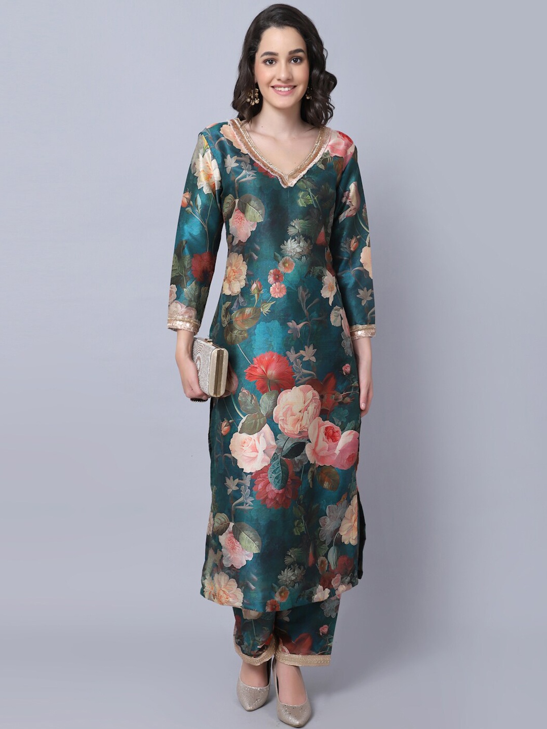 

anokherang Women Floral Printed & Sequined Pure Silk Kurta with Trouser, Green