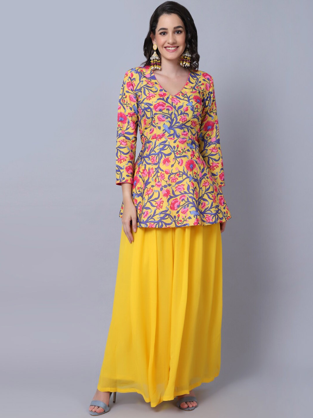 

anokherang Women Floral Printed Kurti with Palazzo, Yellow