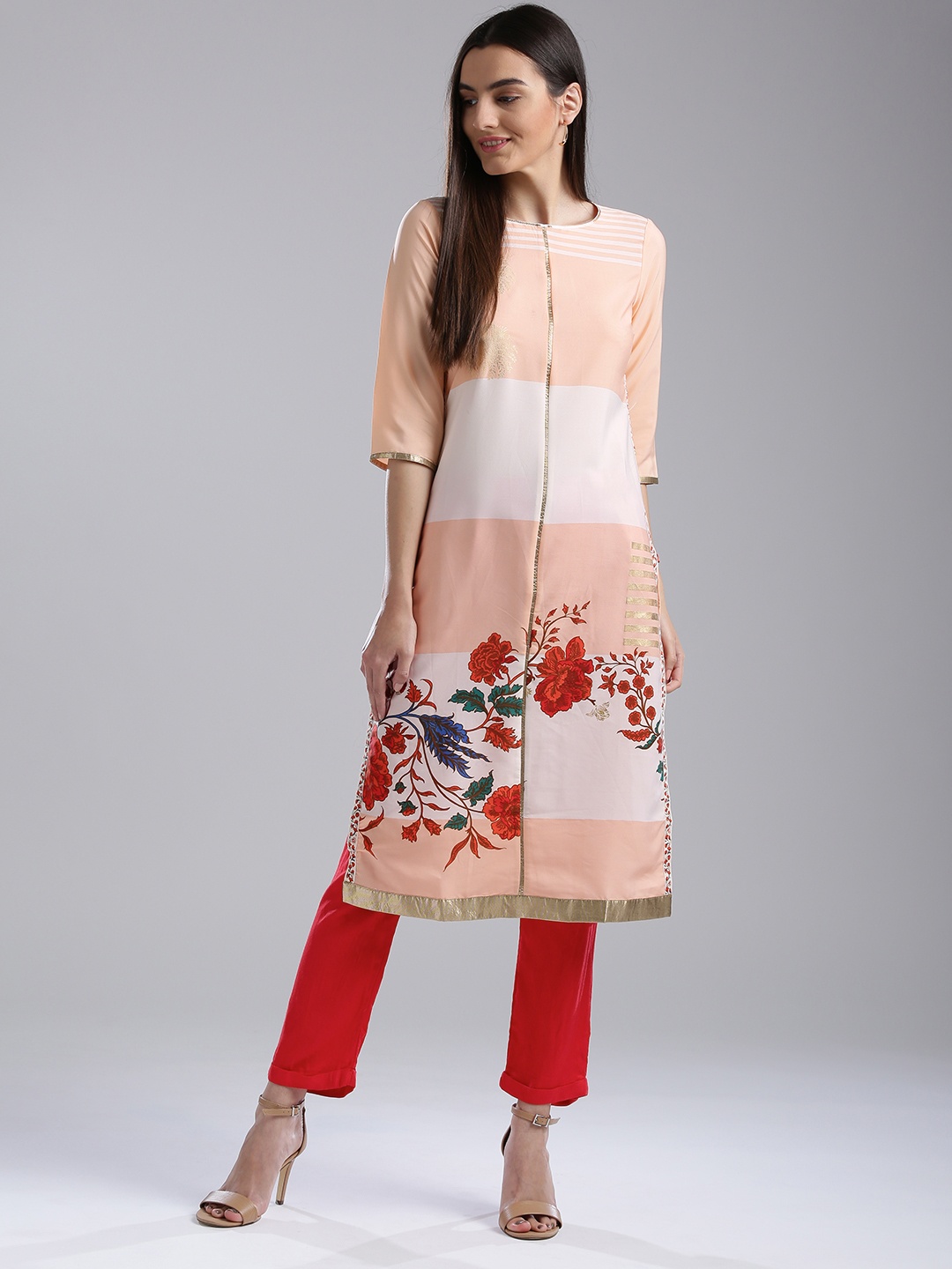 

W Women Peach-Coloured Floral Print A-Line Kurta