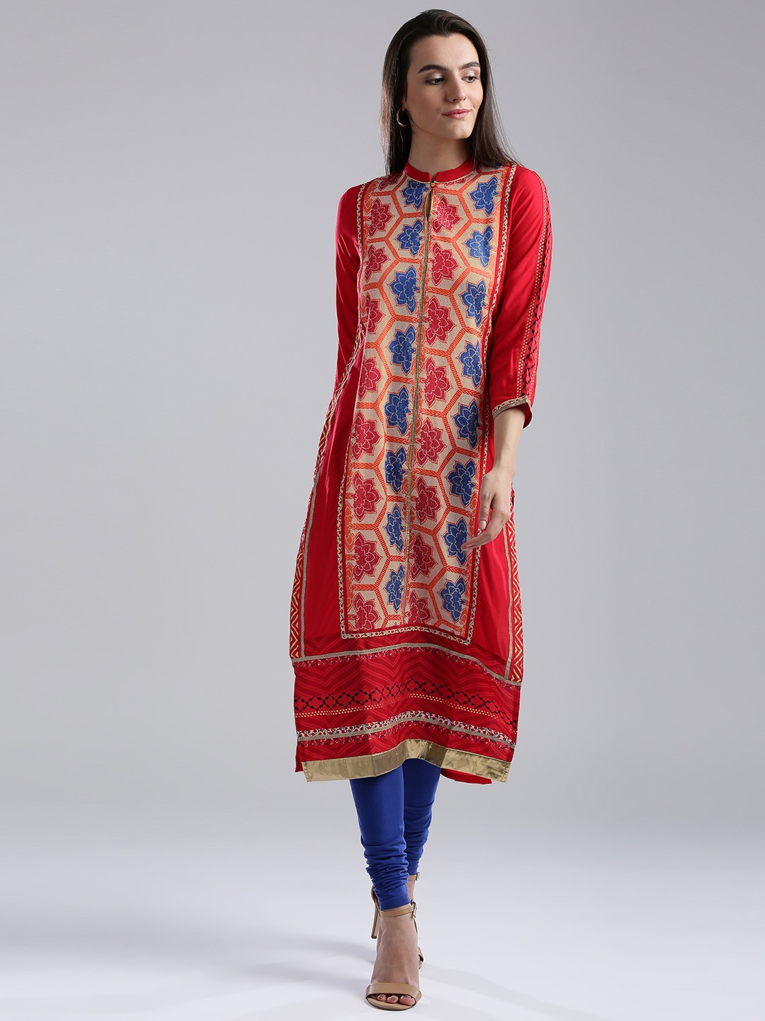 

W Women Red & Beige Woven Design Straight Kurta