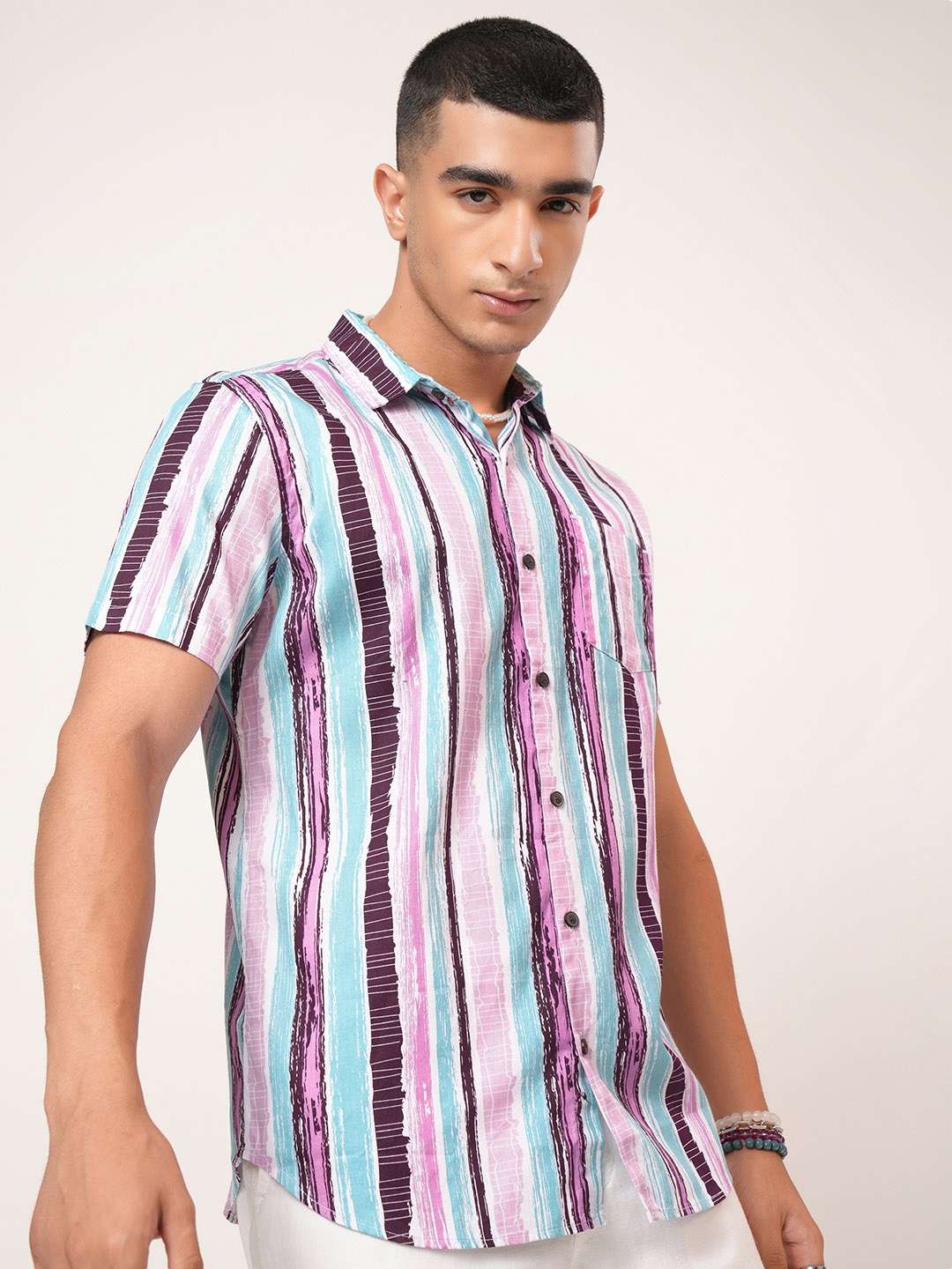 

HIGHLANDER Men Teal Slim Fit Striped Casual Shirt
