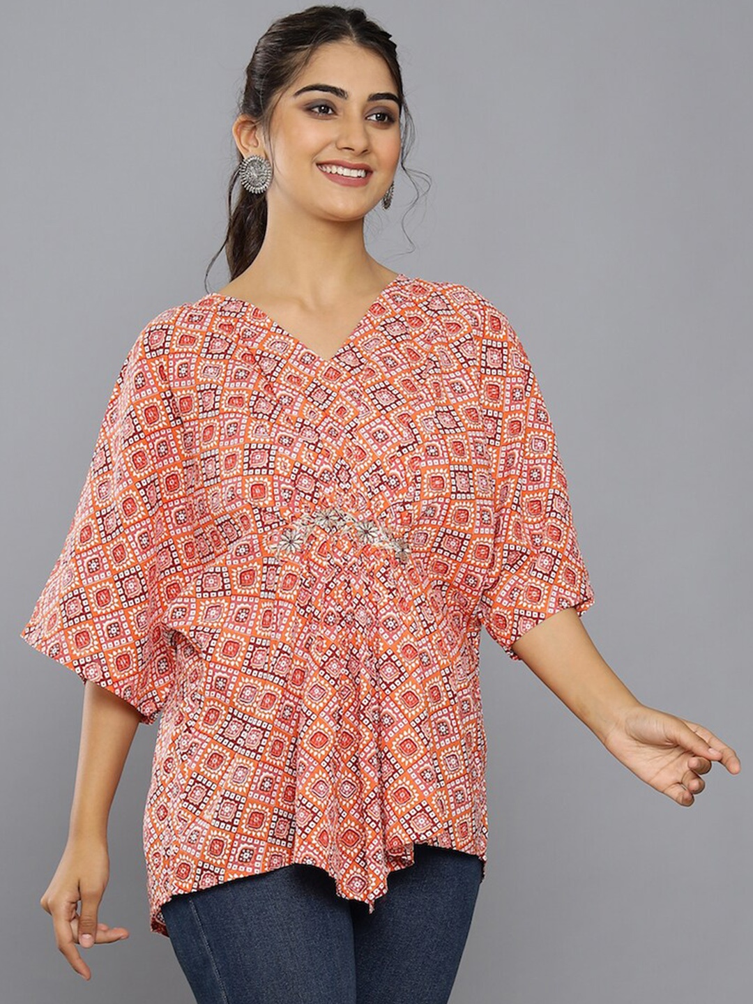 

KEEP CART Peach-Coloured & White Print Kaftan Top
