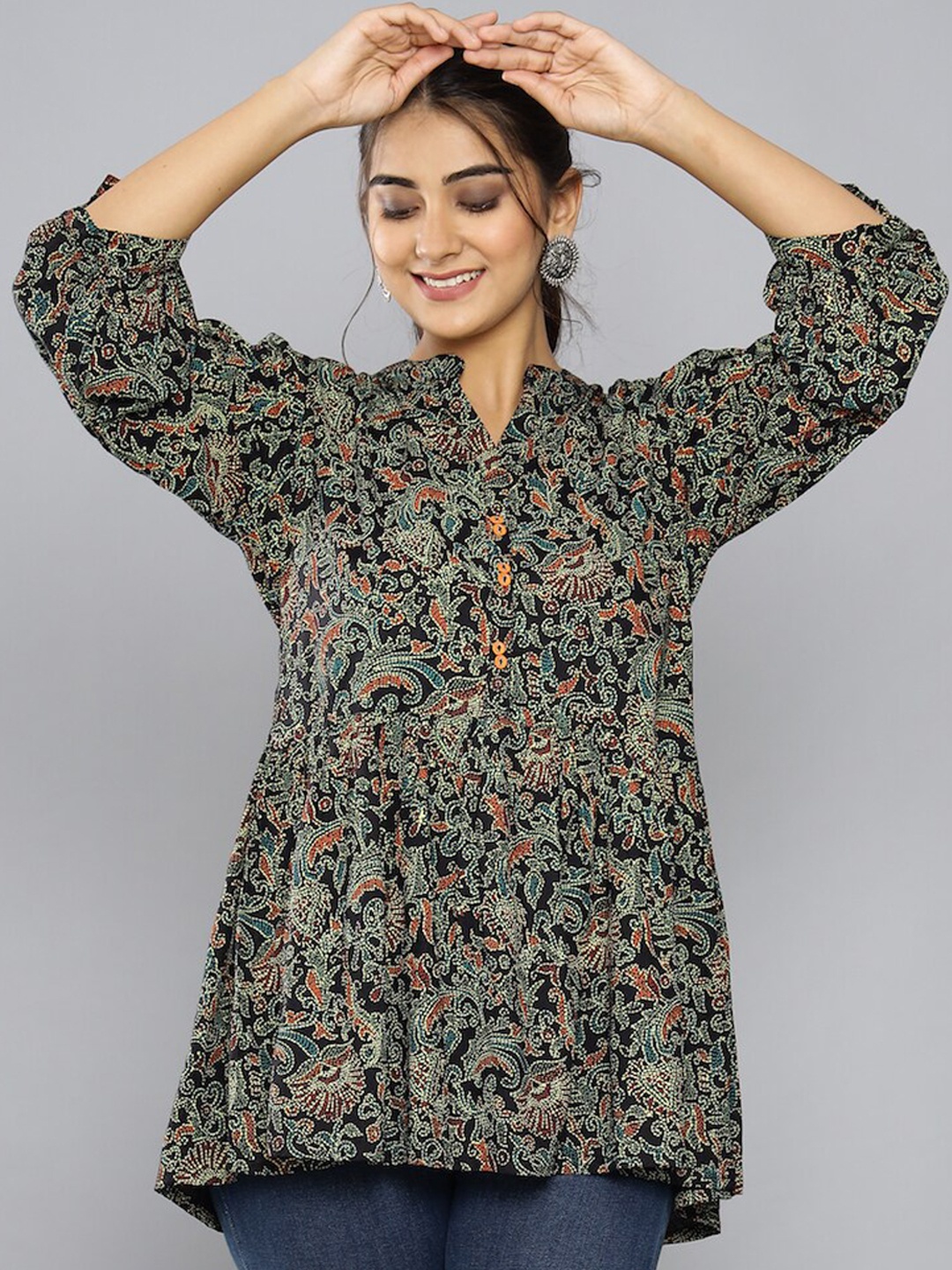 

KEEP CART Multicoloured Ethnic Motifs Printed Mandarin Collar Top, Multi