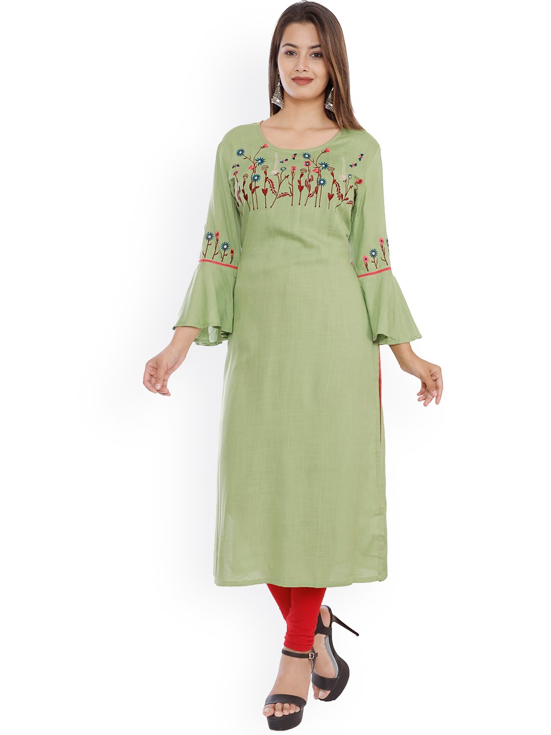 

NITVAN Women Sea Green Floral Embroidered Flared Sleeves Thread Work Pastels Kurta