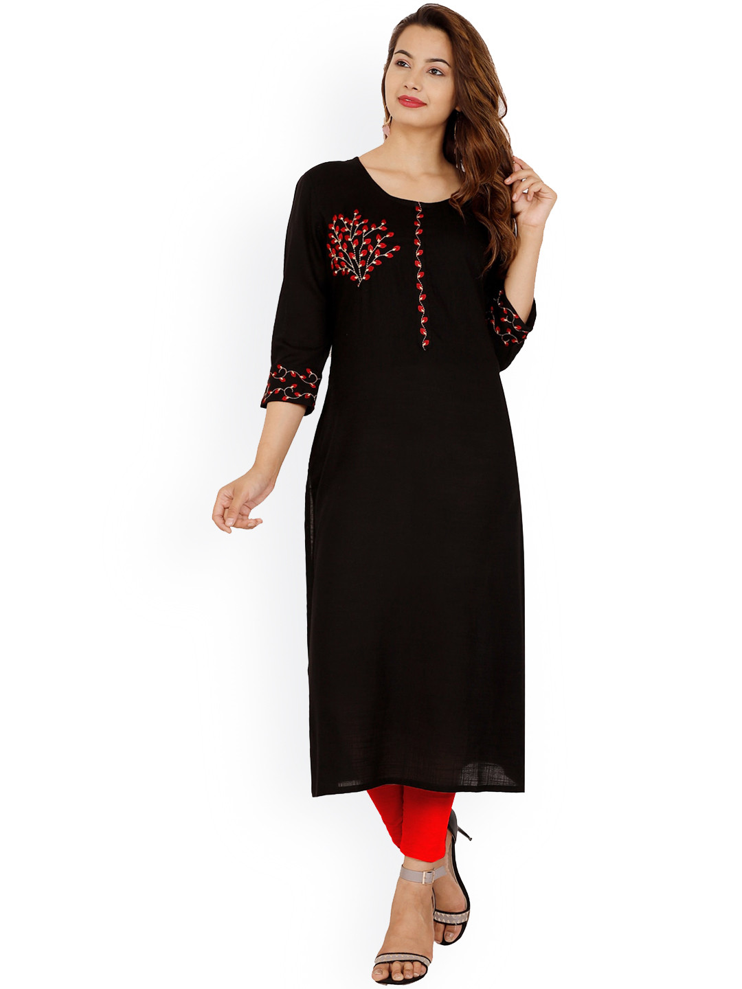 

NITVAN Women Black Embroidered Thread Work Kurta
