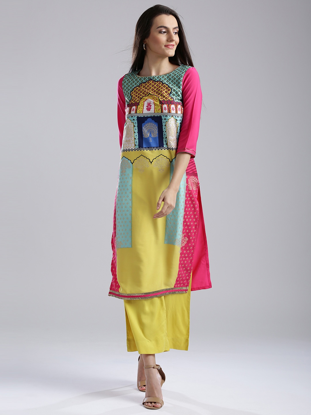

W Women Pink & Yellow Printed Straight Kurta