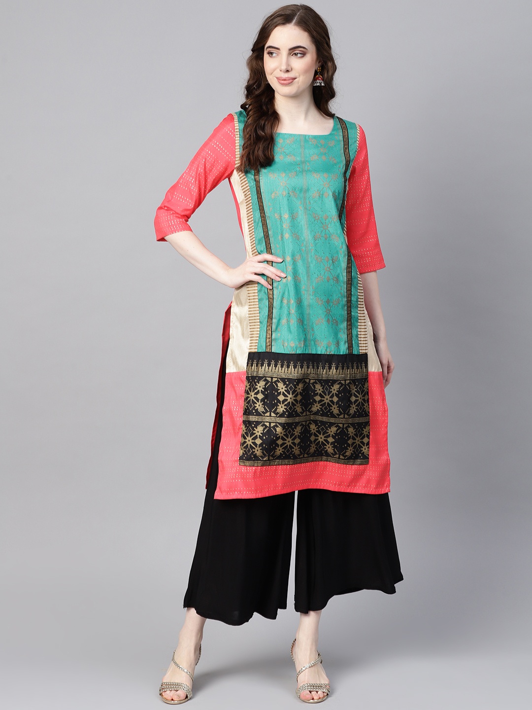 W Women Turquoise Blue & Coral Orange Printed Straight Kurta