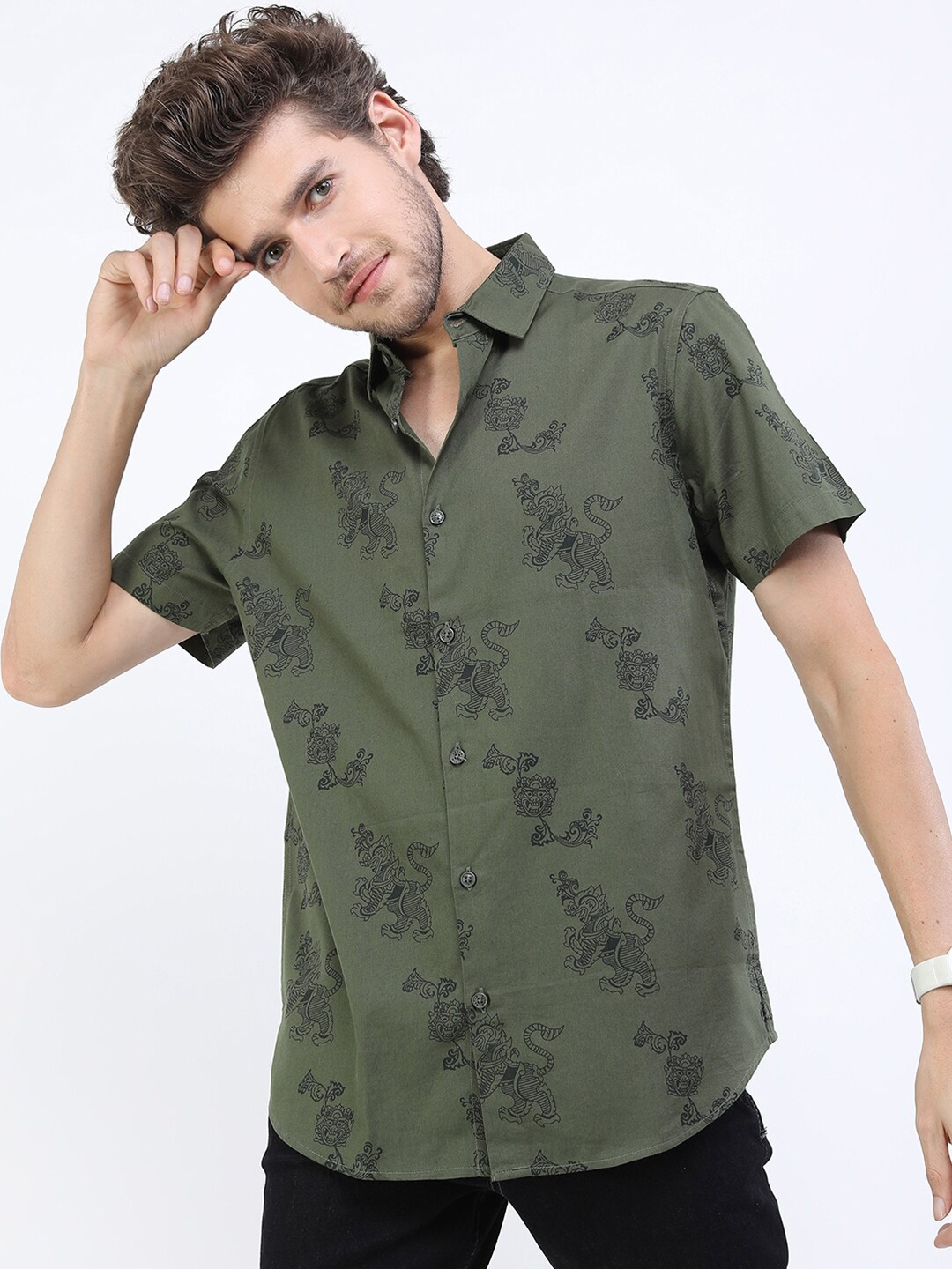 

KETCH Men Olive Green Slim Fit Printed Casual Shirt
